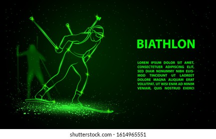 Biathlon Winter Sport Banner. Biathlon Man And Other Athlete Behind Skiing. Side View Vector Green Neon Biathlon Racing Illustration.