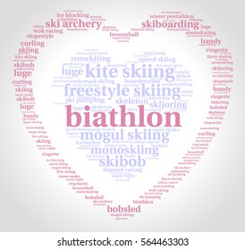 Biathlon. Word cloud, heart inside heart, pink font, grey gradient background. Love of sport.
