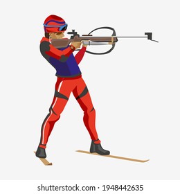 Biathlon,man, shooting standing with a rifle. Vector illustration. Winter sports. White background. Drawn in a flat style
