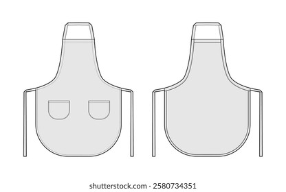 Bib Aprons Scalloped technical fashion illustration. Chef uniform for cooking Flat sketch outline apparel template front, back view. Women, men unisex CAD mockup isolated on white background