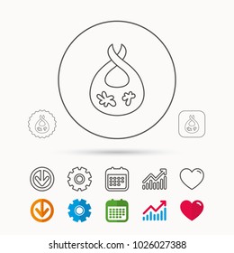 Bib with dirty spots icon. Baby clothes sign. Feeding wear symbol. Calendar, Graph chart and Cogwheel signs. Download and Heart love linear web icons. Vector