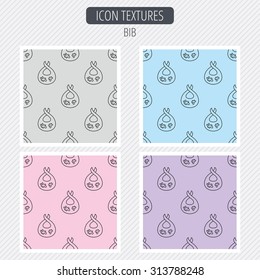 Bib with dirty spots icon. Baby clothes sign. Feeding wear symbol. Diagonal lines texture. Seamless patterns set. Vector