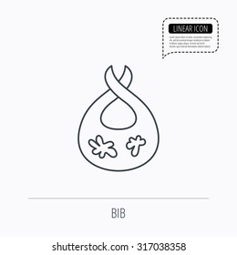 Bib with dirty spots icon. Baby clothes sign. Feeding wear symbol. Linear outline icon. Speech bubble of dotted line. Vector