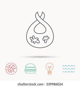 Bib with dirty spots icon. Baby clothes sign. Feeding wear symbol. Global connect network, ocean wave and burger icons. Lightbulb lamp symbol.