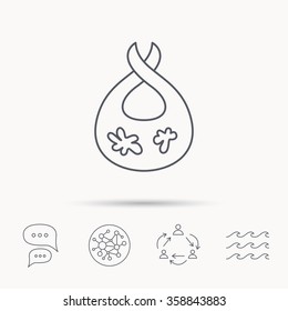 Bib with dirty spots icon. Baby clothes sign. Feeding wear symbol. Global connect network, ocean wave and chat dialog icons. Teamwork symbol.