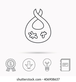 Bib with dirty spots icon. Baby clothes sign. Feeding wear symbol. Download arrow, lamp, learn book and award medal icons.