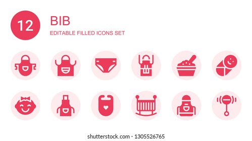 bib icon set. Collection of 12 filled bib icons included Apron, Diaper, Baby food, Baby, Bib, Crib, Rattle