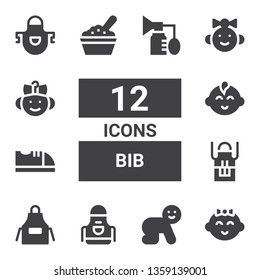 bib icon set. Collection of 12 filled bib icons included Baby girl, Baby, Apron, Baby shoes, boy, food, Breast pump
