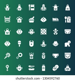 bib icon set. Collection of 36 filled bib icons included Apron, Baby, Baby powder, Baby food, Rattle, Diaper, Bib, Ground pad, shoes, boy, Crib