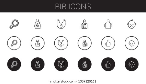 bib icons set. Collection of bib with rattle, apron, baby. Editable and scalable bib icons.