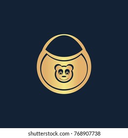 Bib with the image of bear icon flat. Simple gold pictogram on dark background. Vector illustration symbol