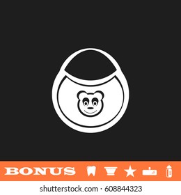 Bib with the image of bears icon flat. White pictogram on black background. Vector illustration symbol and bonus button tooth, vase, star, mirror, bottle