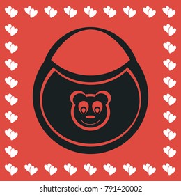 Bib with the image of bears icon flat. Simple black pictogram on red background with white hearts for valentines day. Vector illustration symbol