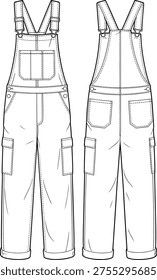 Bib overall cargo pants front and back technical fashion flat sketch with adjustable shoulder straps, utility patch pockets, stitching details, casual workwear vector clothing template