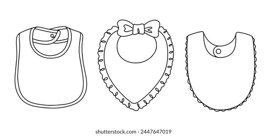 Bib. A piece of clothing located from the neck level and covering the upper chest to protect clothing from possible contamination during eating. Three different bib designs.