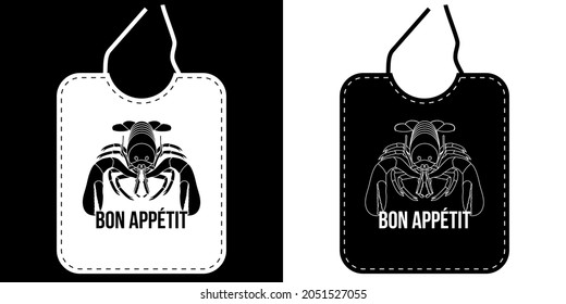 Bib with a printed lobster silhouette, which is given to the restaurant in order to eat shellfish without getting dirty - French text - translation: bon appetit. 