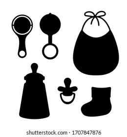 Bib, rattles, bottle, pacifier, sock. Black  silhouette isolated on white background. Vector illustration. Great for greeting cards, postcards, stickers. 
