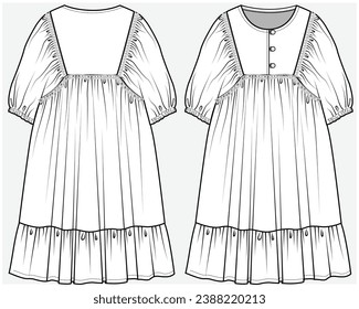 BIB YOKE TIERED DRESS WITH LACE TRIM DETAIL DESIGNED FOR FOR TEEN GIRL, TWEEN GIRLS AND KID GIRLS IN  VECTOR ILLUSTRATION