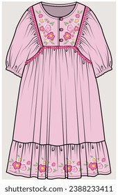 BIB YOKE TIERED DRESS WITH LACE TRIM DETAIL DESIGNED FOR FOR TEEN GIRL, TWEEN GIRLS AND KID GIRLS IN  VECTOR ILLUSTRATION svg