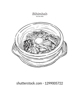 Bibimbab, hand draw sketch vector. Bibimbab is korean style of Mixed vegetables and beef rice in stone bowl. 