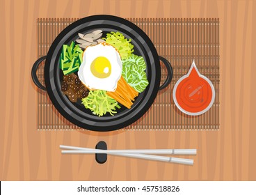 Bibimbap, Bi Bim Bap or so called Mixed Rice with Ssamjang sauce Top View Illustration. Flat Lay Korean Cuisine image. Editable Clip Art