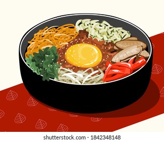 Bibimbap oder bi bim bop koreanisches Essen, Reis Mischen mit verschiedenen Zutaten in schwarzer Schüssel, Vektorgrafik.