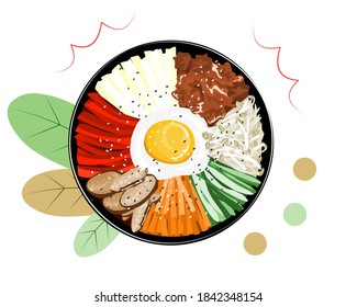 Bibimbap o bi bim doblan comida coreana, arroz mezclado con varios ingredientes en la ilustración vectorial de la parte superior del tazón negro.