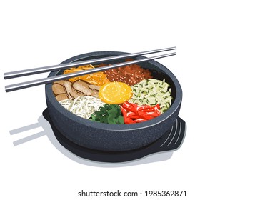 Bibimbap oder bi bim bop koreanisches Essen in Steintopf mit Stäbchen , Reis Mischen mit verschiedenen Zutaten in Stein Schüssel Vektorgrafik. Einzeln Bimbapon, weißer Hintergrund. 