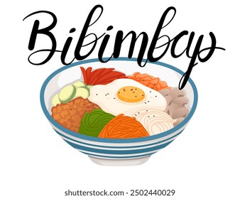 Bibimbap bowl with vegetables, rice, and egg. Poke bowl with with handwritten label. Perfect for Korean cuisine ads, healthy eating blogs, and food-related graphics. Vector illustration isolated.