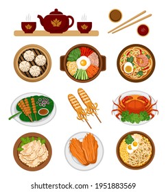 Bibimbap, Dumplings, Kimchi, Rāmen, Satay, Chilikrabbe. vietnamesische, koreanische, indonesische, chinesische und japanische Küche. Große Auswahl an asiatischen Speisen. Vektorflache Illustration.