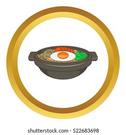 Bibimbap korean dish vector icon in golden circle, cartoon style isolated on white background