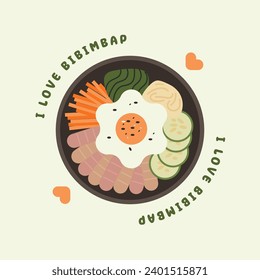 Ilustración de vectores plana de comida de Bibimbap, me encanta Bibimbap, diseño de vectores de comida