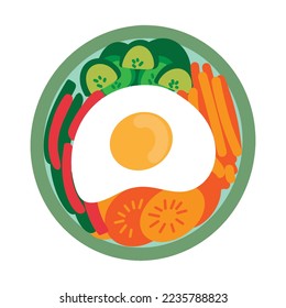 Bibimbap - Korean rice dish with toppings of assorted sliced vegetables and sunny side up egg. Simple hand drawn doodle style vector illustration. Asian food