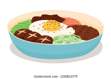 Bibimbap Korean Traditional Food. Rice Mixed with Various Ingredients in Blue Bowl