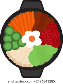 Bibimbap: the perfect mix of colors and flavors! Enjoy the delicious harmony of rice, vegetables, meat and eggs in one bowl.