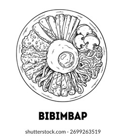 Bibimbap vector drawing sketch. Korean food. Hand drawn vector illustration. Top view.