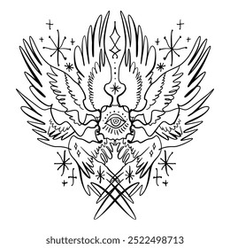 Bible accurate angel vector illustration clipart. Hand-drawn Seraphim print for tattoo, sticker and more.
