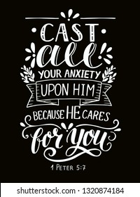 Bible background with hand lettering Cast all your anxiety upon Him, because He cares for you. Christian poster. Verse. Scripture prints. Motivational quote