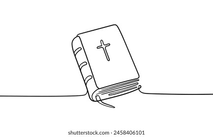 Bible book continuous line art drawing isolated on white background. Chuch bible, vector illustration