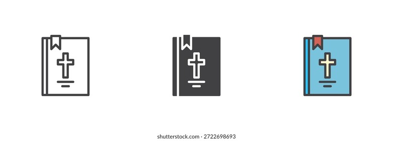Bible book with cross different style icon set for religion. Line, solid and filled outline color vector sign and symbol. Classic icon pack for faith education and book icon representation.
