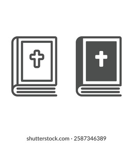 Bible book with cross line and solid icon, easter holiday concept. Vector graphics. Religion, book with Christian cross sign on white background, outline style icon for mobile or web design