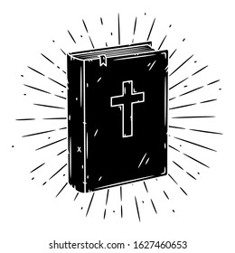 Bible book. Hand drawn vector illustration with Bible book and sunburst 