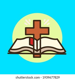 Bible book icon and brown cross vector illustration on blue background