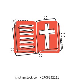 Bible book icon in comic style. Church faith cartoon vector illustration on white isolated background. Spirituality splash effect business concept.