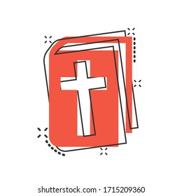 Bible book icon in comic style. Church faith cartoon vector illustration on white isolated background. Spirituality splash effect business concept.