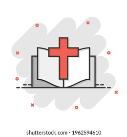 Bible book icon in comic style. Church faith cartoon vector illustration on white isolated background. Spirituality splash effect business concept.