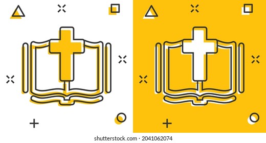 Bible book icon in comic style. Church faith cartoon vector illustration on white isolated background. Spirituality splash effect business concept.