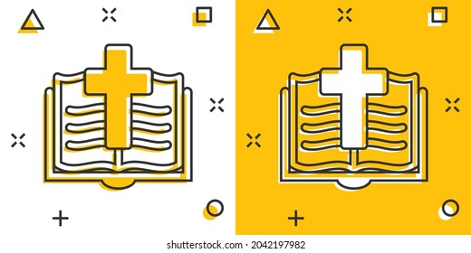 Bible book icon in comic style. Church faith cartoon vector illustration on white isolated background. Spirituality splash effect business concept.