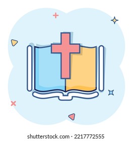 Bible book icon in comic style. Church faith cartoon vector illustration on white isolated background. Spirituality splash effect business concept.