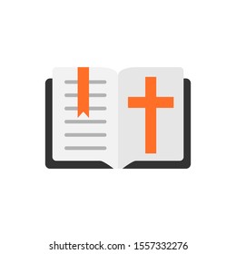Bible book icon in flat style. Church faith vector illustration on white isolated background. Spirituality business concept.
